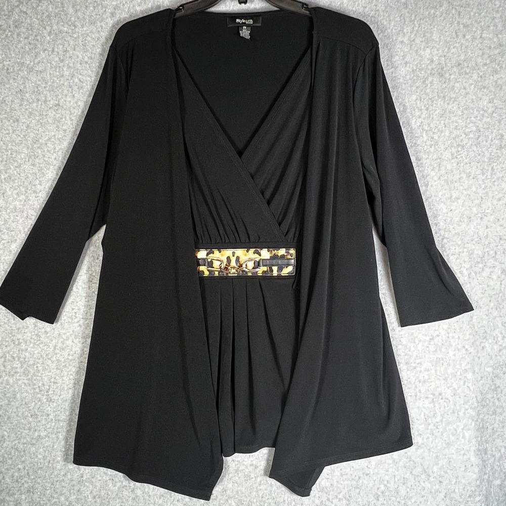 Style &‎ Co Cardigan Top Womens 2X Black Leopard Chain 2-in-1 Surplice